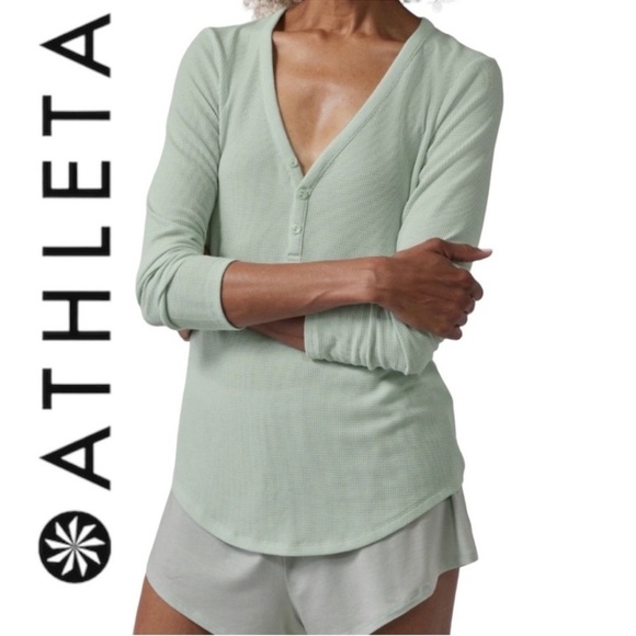 Athleta Tops - Athleta Wind Down Sleep Top Henley Long Sleeve Pajama Lounge Tee Green M